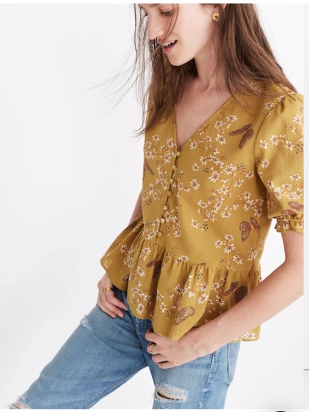 Madewell Courtyard Ruffle-Hem Top in Butterfly Sanctuary Blouse Size Medium